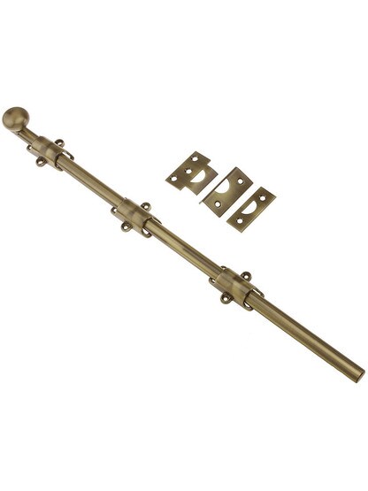 18 inch Solid Brass Surface Mount Door Bolt in Antique Brass Finish.